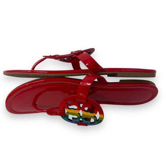 Tory Burch Patent Leather Bright Rainbow Ruby Red Miller Thong Sandal 9 Women’s - Picture 7 of 12